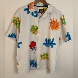 Malibu Hawaiian Floral knit short sleeve button up shirt SZ LG